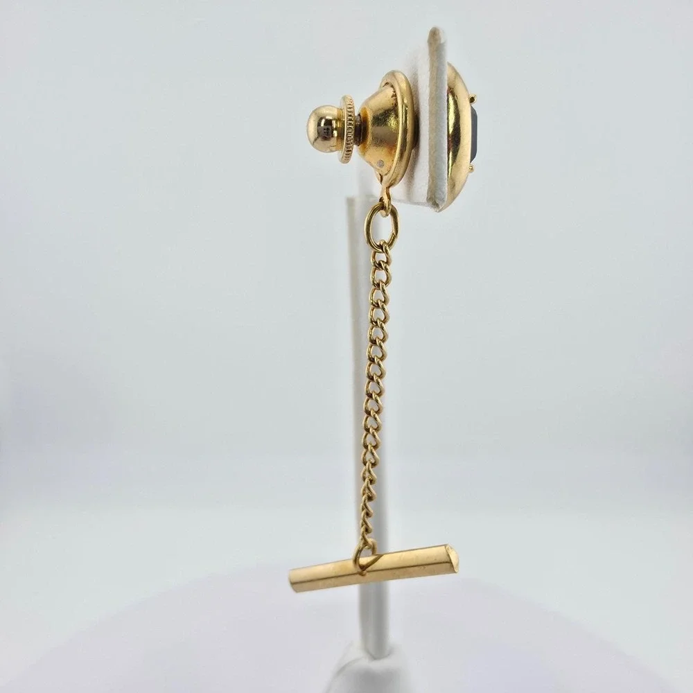 Vtg SWANK Tie Tack Pin Deep Blue Crystal Emerald Cut Barbell Men's Gold Tone